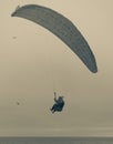 Paraglider flying above beach goers