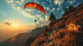 Paraglider flying in the blue sky with clouds at sunset