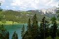 a paraglider over alpine lake Haldensee in Austrian Alps of Tannheim valley or Tannheimer Tal, Tirol, Austria