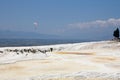 Paraglider over the Pamukkale travertine terraces, Turkey Royalty Free Stock Photo