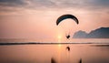 Paraglider pilot flies in the sky during sunset on beautiful beach. Paraplane