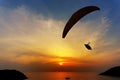 Paraglider silhouette against the background of the sunset sky Royalty Free Stock Photo