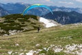 A paraglider at the start of the Krippenstein mountain in the Dachstein Mountains. Salzkammergut. Austria Royalty Free Stock Photo