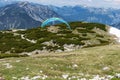 A paraglider at the start of the Krippenstein mountain in the Dachstein Mountains. Salzkammergut. Austria Royalty Free Stock Photo