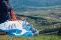 Paraglider take in hands paraplane strops Royalty Free Stock Photo