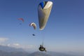 Paraglider on a white parachute flies against the background of other paragliders over a mountain valley in the fog under the blue Royalty Free Stock Photo