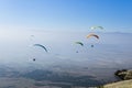 Paragliders above the fields and woods