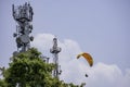 Paragliders fly around telecommunication antenna, Delo,Kalimpong Royalty Free Stock Photo