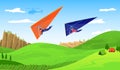 Paragliders in sky abouve forest, extreme sport adventure vector illustration. Paraplane free fly paragliding sports