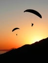 Paragliders in sunset coastal landscape