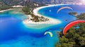 Paragliding above the Oludeniz, Turkey. Blue Lagoon beach, aerial.