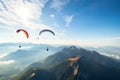 paragliding adventure flying with friends on mountain background