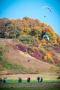 Paragliding in fall nature, Kernave hills Royalty Free Stock Photo