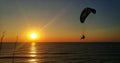 Paragliding in flight over the sea at sunrise, in a hot summer Royalty Free Stock Photo