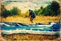 Paragliding in the mountains, paraglider on the ground, old photo effect. Royalty Free Stock Photo