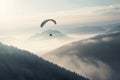 Paragliding parachute above the misty hills. Generate ai