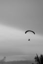 paragliding in the sky in black and white