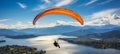 Paragliding thrill in stunning alpine scenery with lakes and aircraft on a sunny summer day