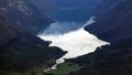 Paragliding to Lovatnet from mount Hoven in Loen in Vestland in Norway Royalty Free Stock Photo