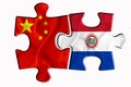 Paraguai flag and China of America flag on two puzzle pieces on white isolated background. The concept of political relations. 3D