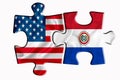 Paraguai flag and United States of America flag on two puzzle pieces on white isolated background. The concept of political