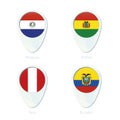 Paraguay, Bolivia, Peru, Ecuador flag location map pin icon