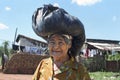 Portrait of old Paraguayan woman with bag on head Royalty Free Stock Photo