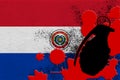 Paraguay flag and MK2 frag grenade in red blood. Concept for terror attack or military operations with lethal outcome