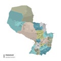 Paraguay higt detailed map with subdivisions. Administrative map of Paraguay with districts and cities name, colored by states and