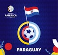 Paraguay wave flag on pole and soccer ball. South America Football 2021 Argentina Colombia vector illustration. Tournament pattern