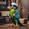 A parakeet dressed as a famous rockstar, with a tiny electric guitar and sunglasses4