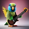 A parakeet dressed as a famous rockstar, with a tiny electric guitar and sunglasses5