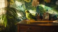 A parakeet perched on a desk with tropical-themed decorations. picture Royalty Free Stock Photo