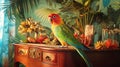 A parakeet perched on a desk with tropical-themed decorations. picture Royalty Free Stock Photo