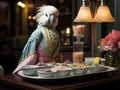 Parakeet waitress serves bird seed on platter