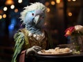 Parakeet waitress serves bird seed on platter