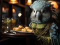 Parakeet waitress serves bird seed on platter