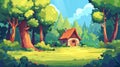A parallax background with wooden house in summer forest. An old shack in a deep wood. A cartoon mode with separate Royalty Free Stock Photo