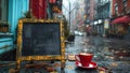 Parallax effect motion street cafe chalkboard. Smoke cup coffee. Kafe aesthetic