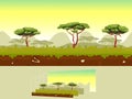 Parallax forest fantasy landscape with tree grass, sky, soil seamless in cartoon style. Tropical warm scene. Ui game Royalty Free Stock Photo