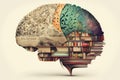 Parallax , human brain collage of books, knowledge, education Generative AI