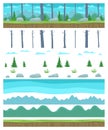 Parallax ready Game background layers. Landscape with a forest trees and mountains. Seamless pattern tileable. Unending