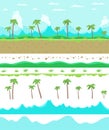 Parallax ready Game background layers. Seamless pattern tileable. Landscape with a jungle palm trees and volcano