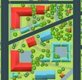 Parallel streets of quarter. Streets of city. Top View from above. Small town house and road. Map with roads, trees and
