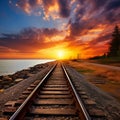 Parallel Tracks: A Dramatic Sunset Overlapping Train Tracks