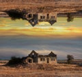 Parallel universe, world. Landscape of abandoned house on at sunset background. Artwork collage concept. Royalty Free Stock Photo