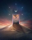 Parallel world portal open and a mysterious person with hero cape reflects in the neon gateway in the middle of a desert under the Royalty Free Stock Photo