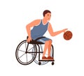 Paralympic athlete playing basketball sitting in wheelchair vector flat illustration. Disabled male with paralyzed legs