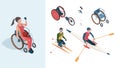 Paralympic characters. Disabled sportsmen athletes male and female in summer olympic games vector isometric people