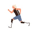 Paralympic female athlete with prosthesis legs running at marathon race vector flat illustration. Disabled woman runner